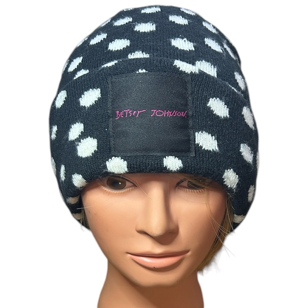 Betsey Johnson Steve Madden Collab black white polka dot‎ beanie womens one size